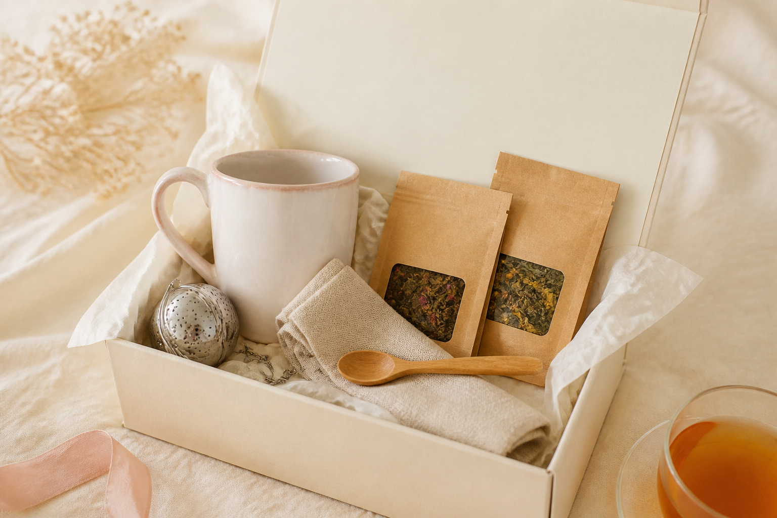 Box de té abierta sobre lino crema: taza, infusor y hebras
